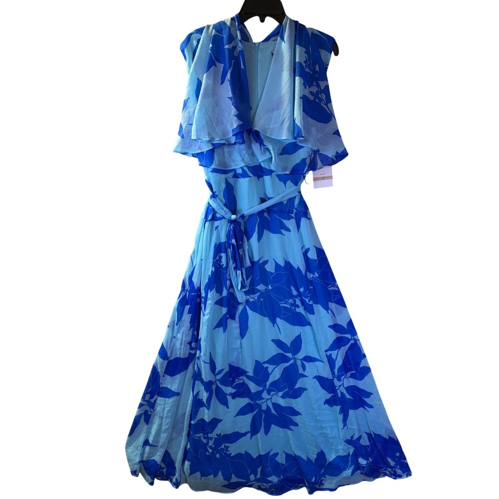 Maison Tara Maxi Dress Womens 12 Blue Floral Capelet Ruffle Chiffon 96927MK NEW